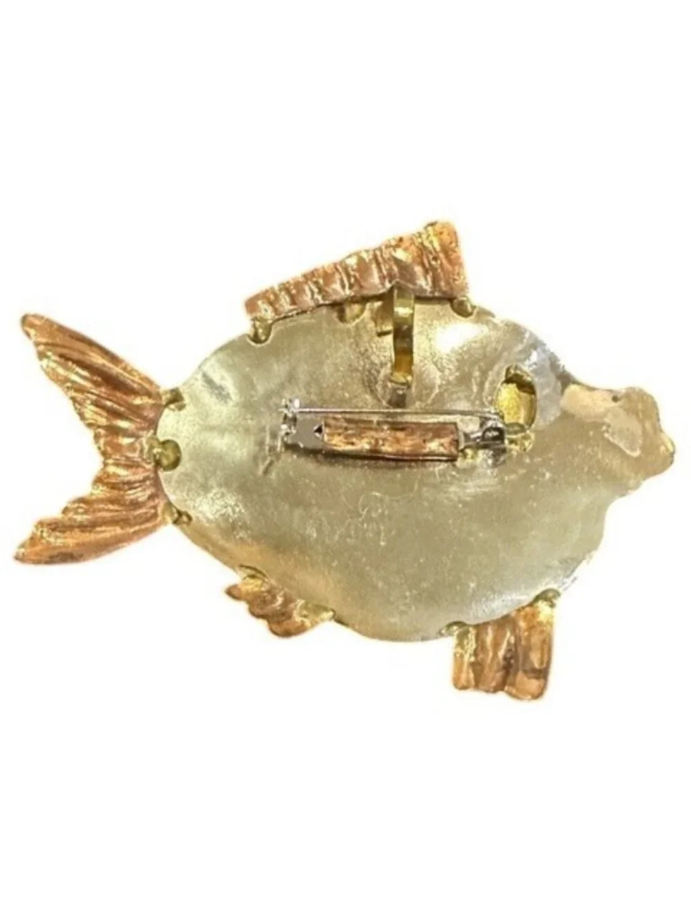 Fish Pendant Brooch Pin Embossed Copper Gold Tone Metal Large Unique Vintage